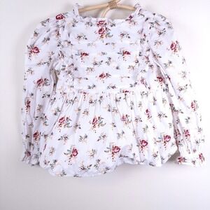 Janie and Jack Floral Blouse Kids Size 5 White Ruffle Long Sleeve Top